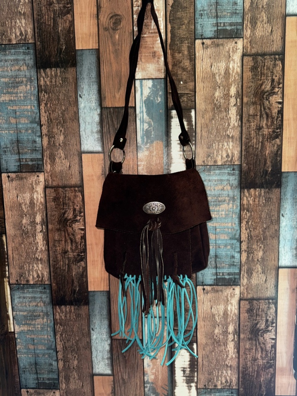 Brown Suede Fringe Crossbody Bag with Turquoise Accents